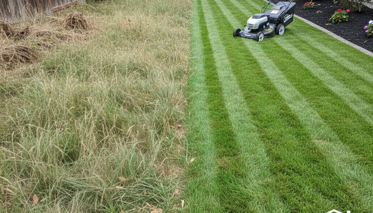 Before and after lawn mowing showing dramatic grass transformation by landscapers in Redding, CA