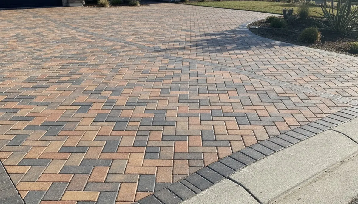 Interlocking paver driveway installation in Redding, CA showcasing clean lines and expert landscaping work