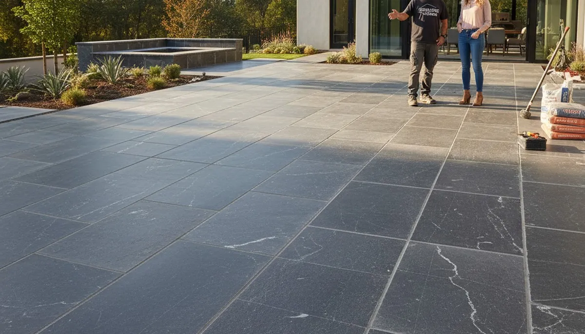 Modern large stone slab patio installation by Chop Chop Landscaping in Redding, CA