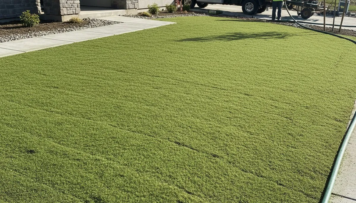 Fresh hydroseed coverage on prepared soil by Chop Chop Landscaping in Redding, CA ready for lawn growth