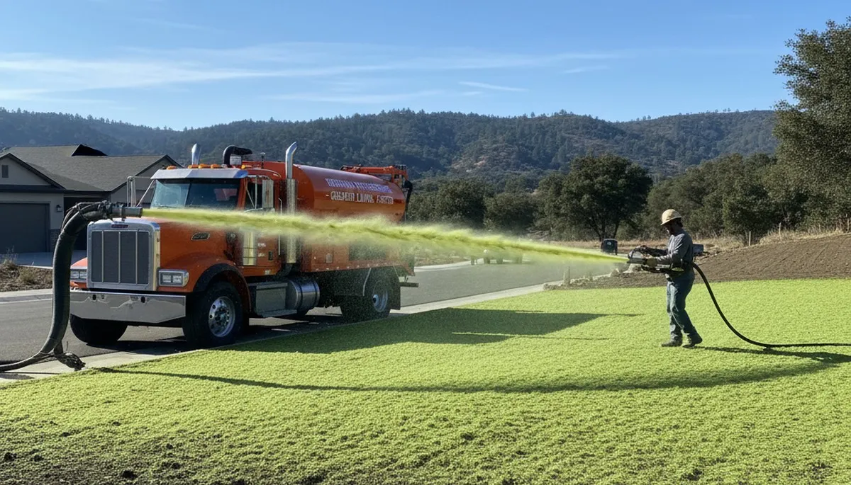 Hydroseeder truck spraying green slurry on lawn in Redding, CA by Chop Chop Landscaping