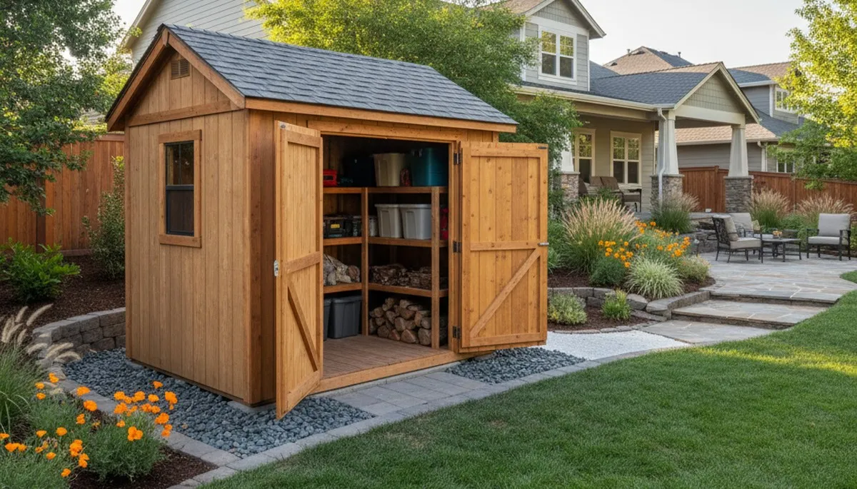 New backyard shed installation with solid foundation by Chop Chop Landscaping in Redding, CA