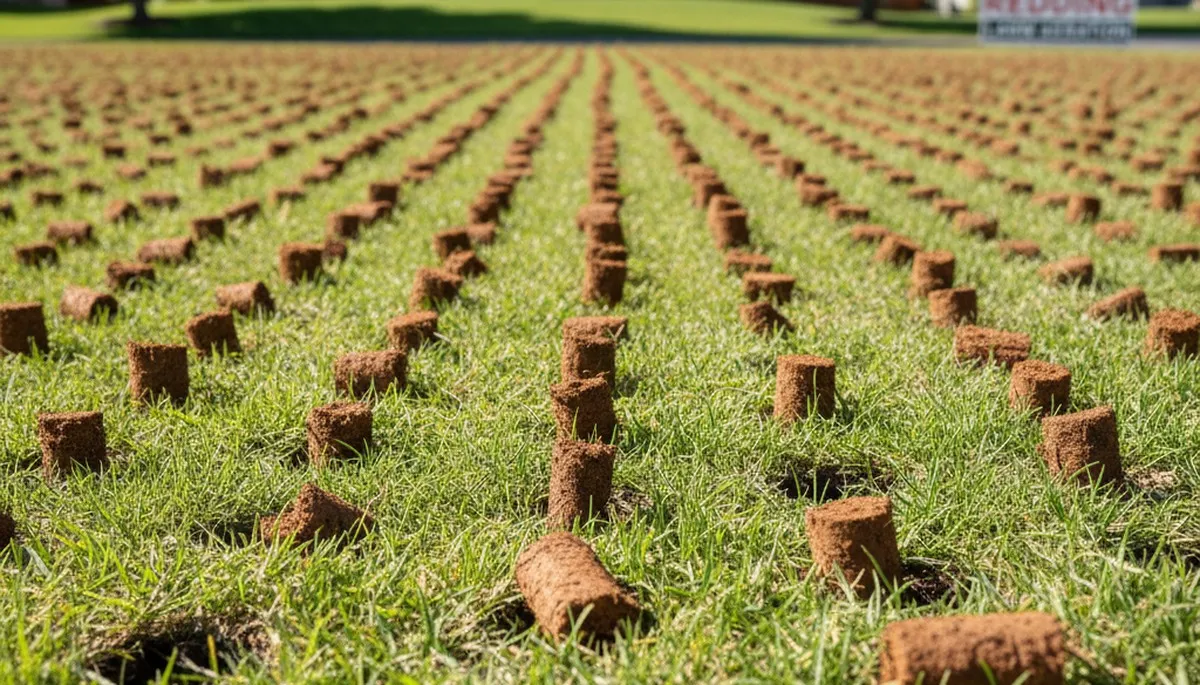 Close-up soil core plugs showing professional lawn aeration results in Redding, CA landscaping lawn